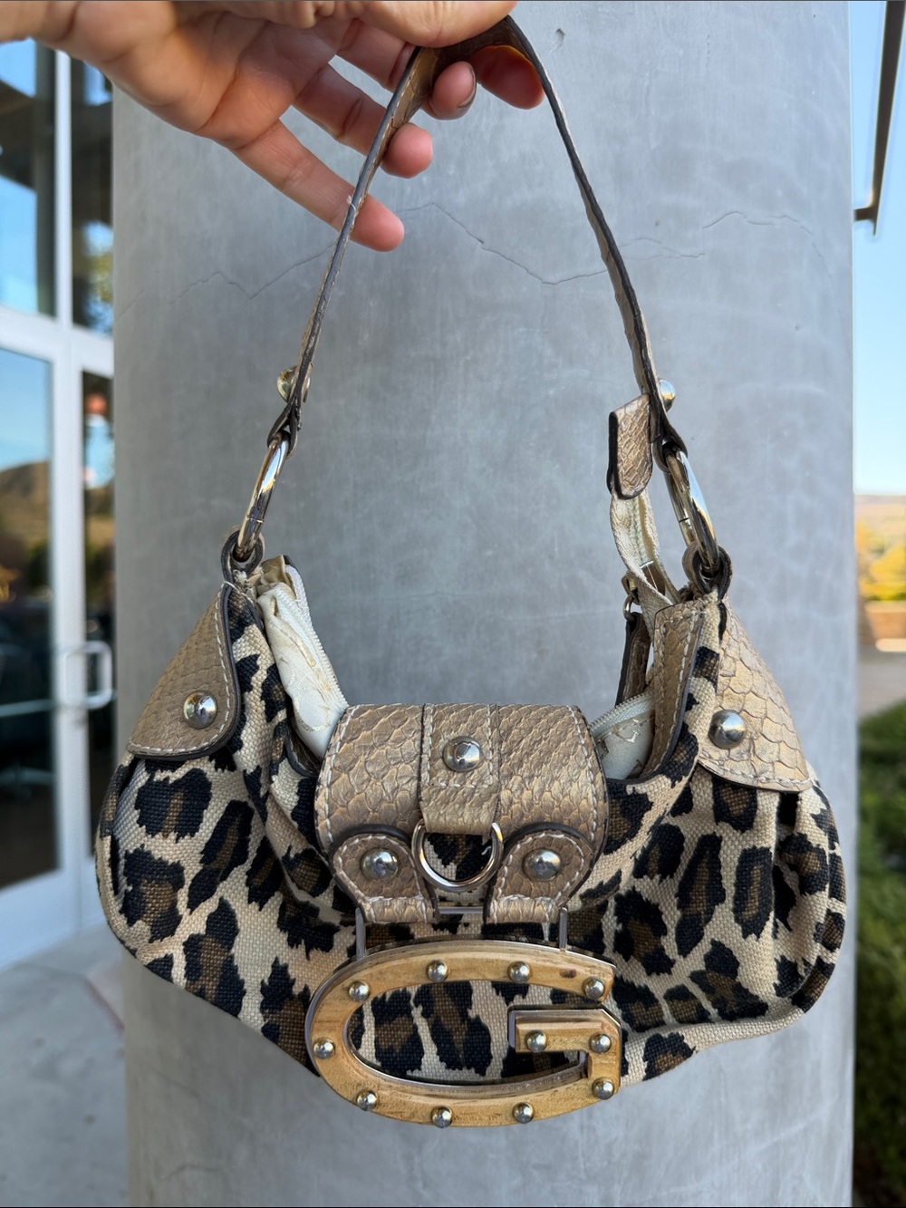 Guess Leopard Print Shoulder Bag in Gold and Black